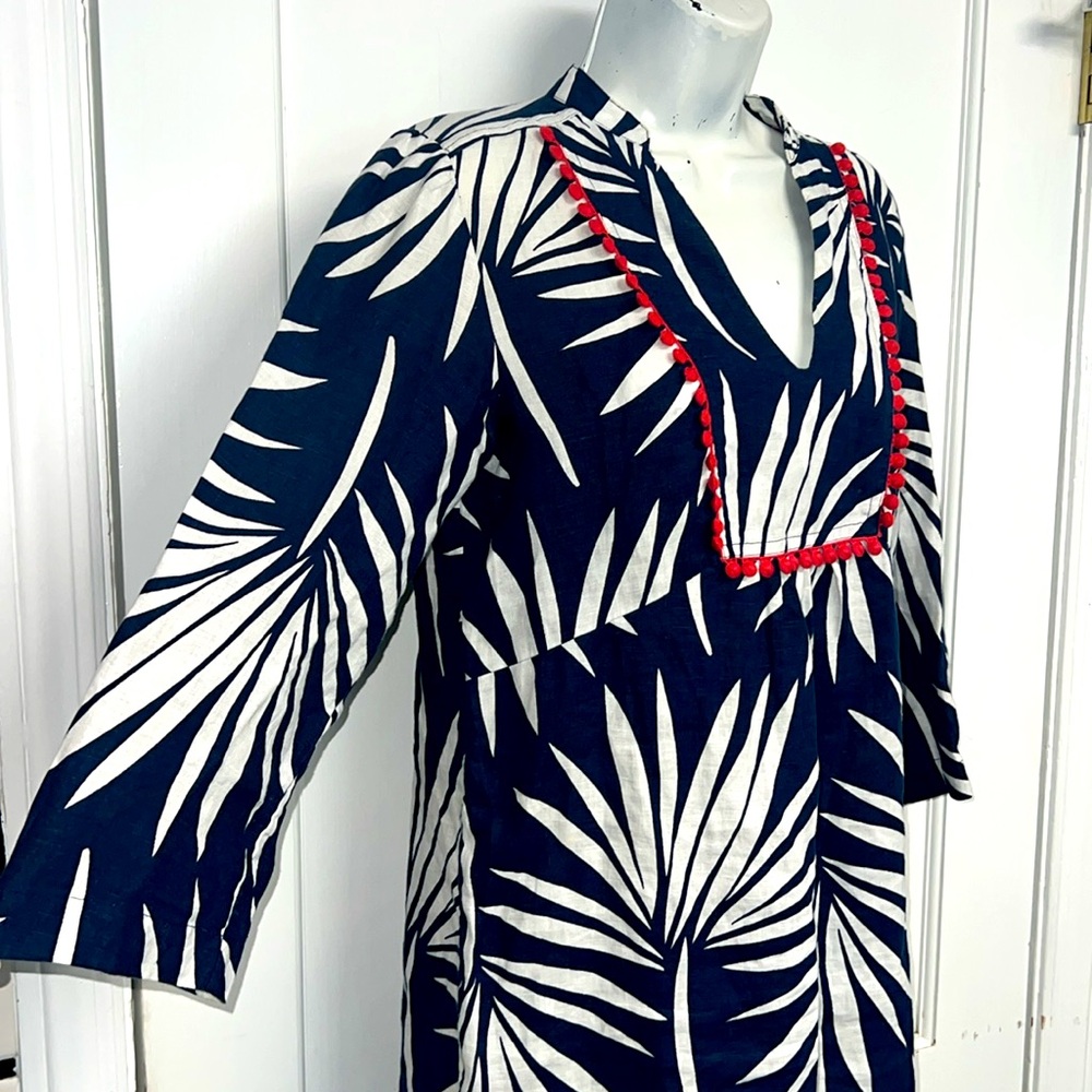 Boden Holiday Palm 100% linen ladies tunic dress size 2R Blue white red